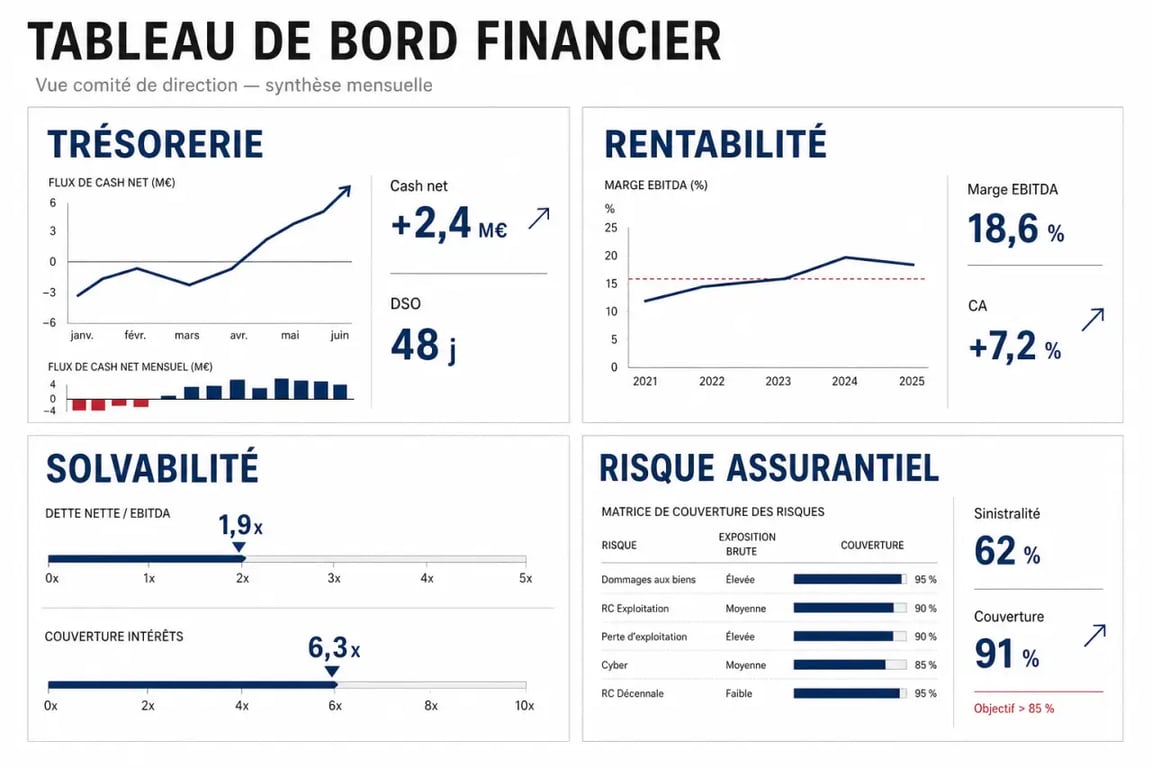 Infographie sur l’optimiser la gestion financière et assurantielle de votre entreprise avec trésorerie, rentabilité, solvabilité et risques