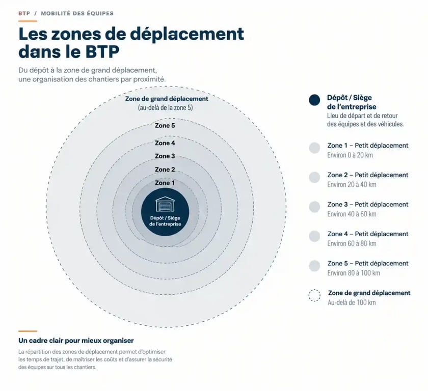 Schéma des zones de déplacement BTP pour optimiser la gestion des déplacements professionnels