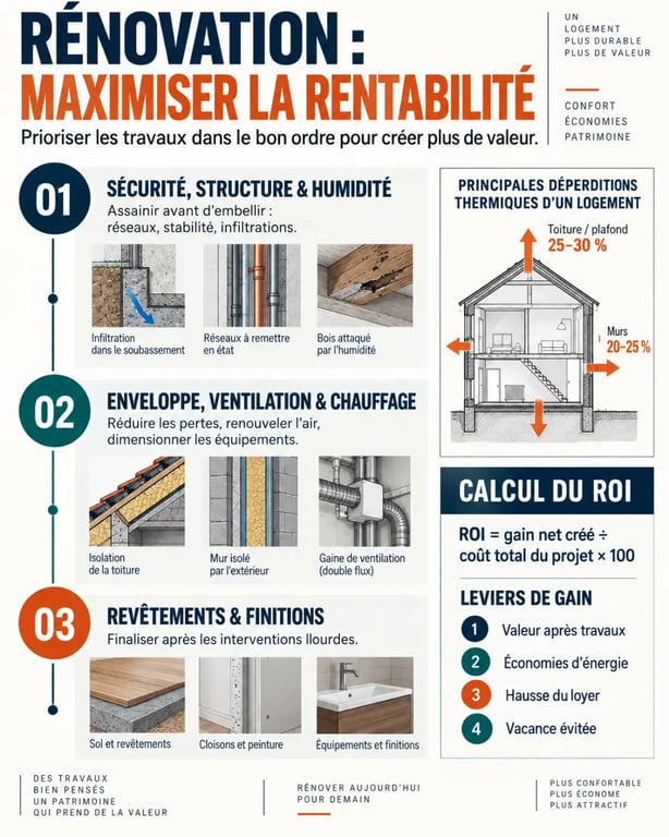 Infographie pour optimiser la rentabilité de ses chantiers de rénovation immobilière avec ordre des travaux et formule du ROI